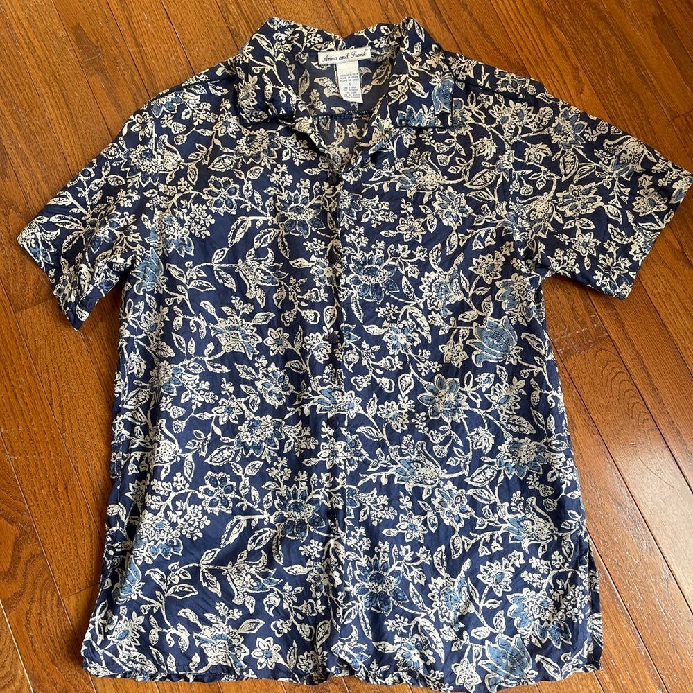 Vtg Anna and Frank Blue Floral Silk Shirt ~ S ~